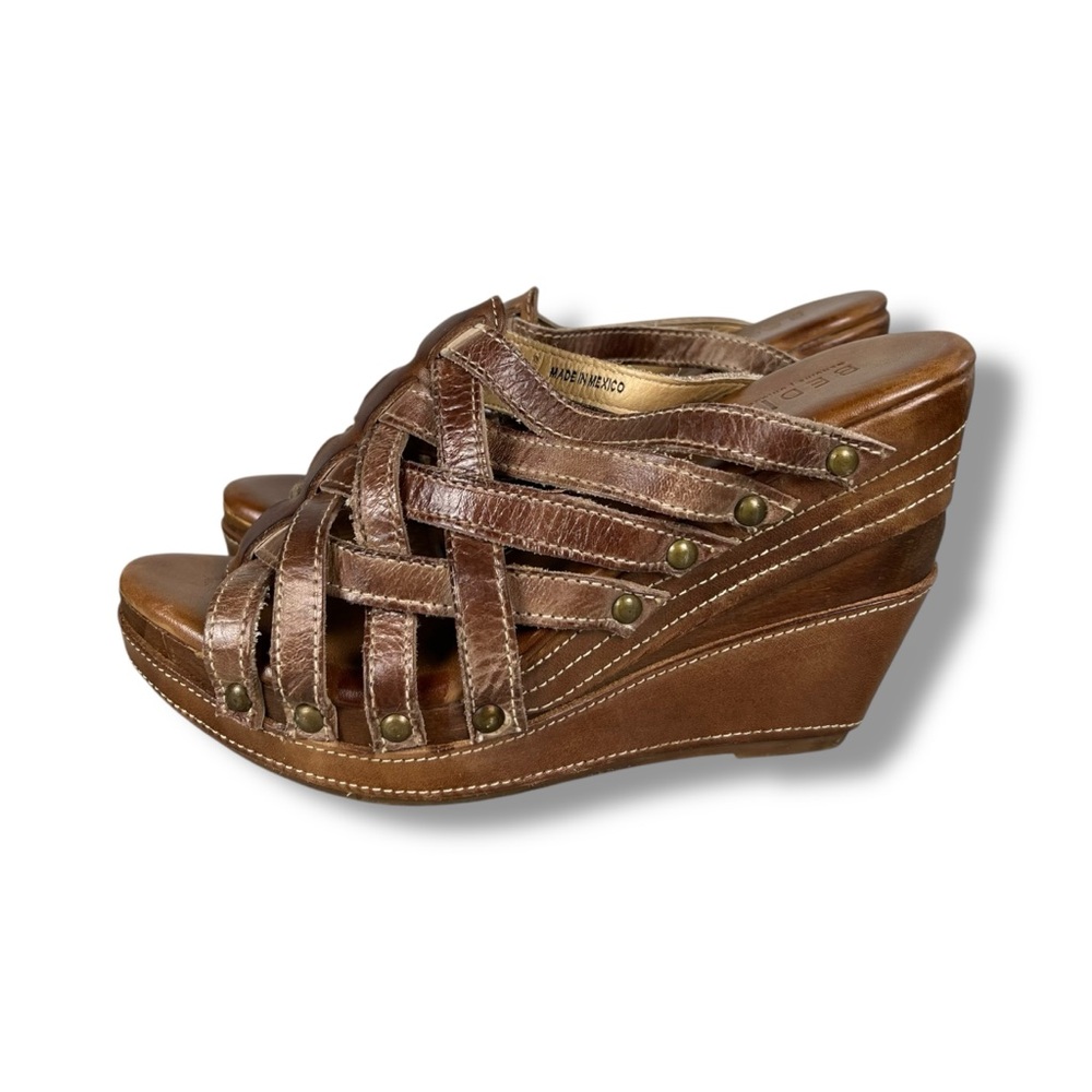 NWOT Bed Stu Gina High Wedge Woven Sandals Brown Leather Studded Strappy Sz 8